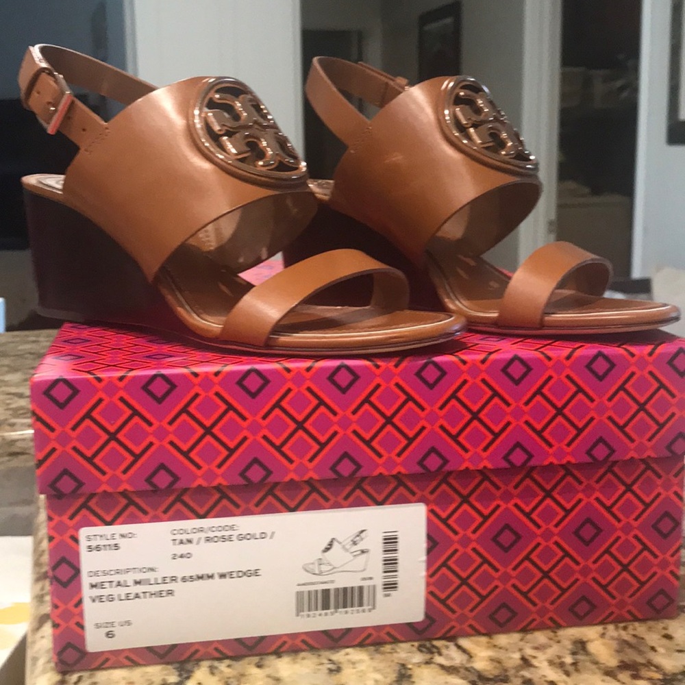 Tory Burch metal miller wedge tan rose gold.